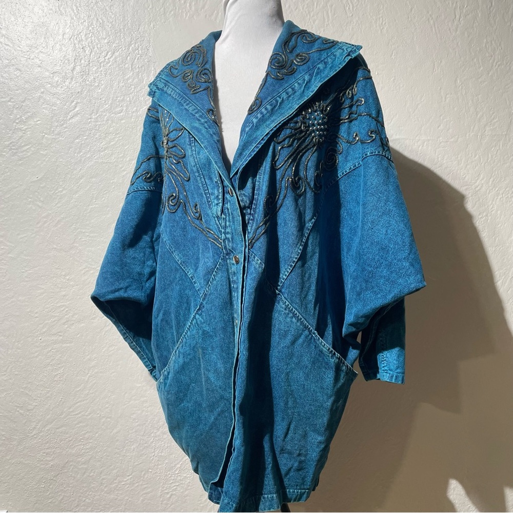 Vintage Jean Jacket garment-dyed Denim Embroidered embellished floral Oversize - Picture 2 of 9